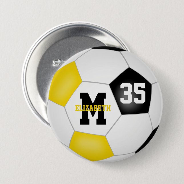black gold team colours girls soccer personalised 7.5 cm round badge (Front & Back)