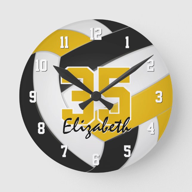 black gold team colours personalised volleyball round clock (Front)