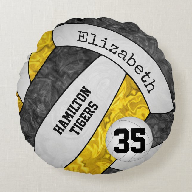 black gold team spirit colors girls' volleyball round cushion (Front)