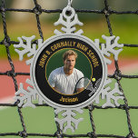 Black Gold Tennis Player Photo High School Snowflake Pewter Christmas Ornament<br><div class="desc">This cool customized high school tennis player photo gift features gold typography of your team and player name on a snowflake Christmas ornament with a cute tennis ball and rackets on black. Personalize with your student's photograph and class year as a proud sports parent.</div>