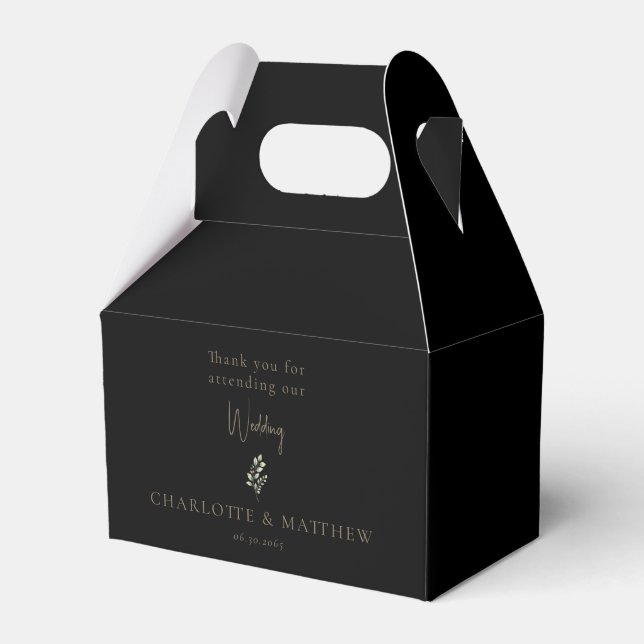 Black Gold Text Foliage Personalised Names Wedding Favour Box (Front Side)