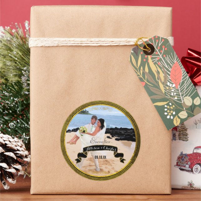 Black Gold Thin Multiple Stripe Your Wedding Photo Classic Round Sticker (Holiday)