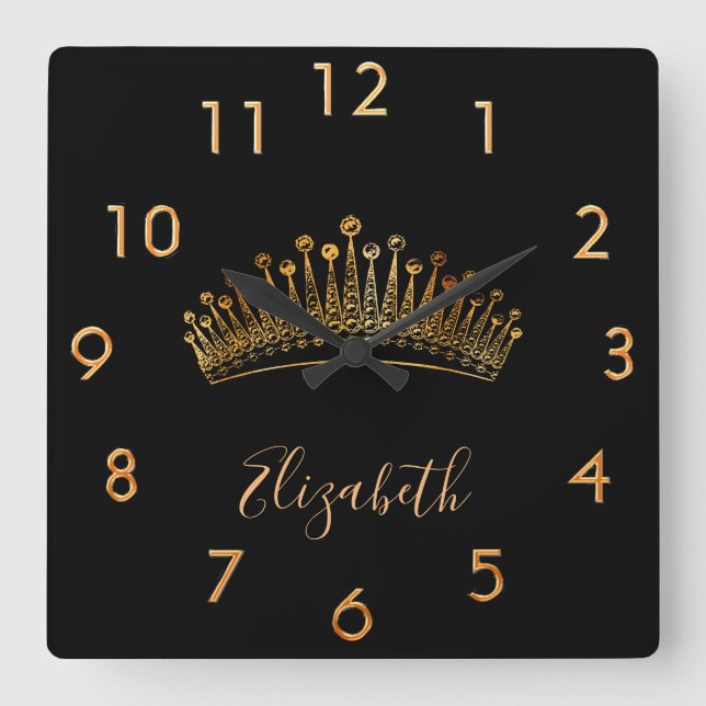 Black gold tiara crown name elegant square wall clock (Front)