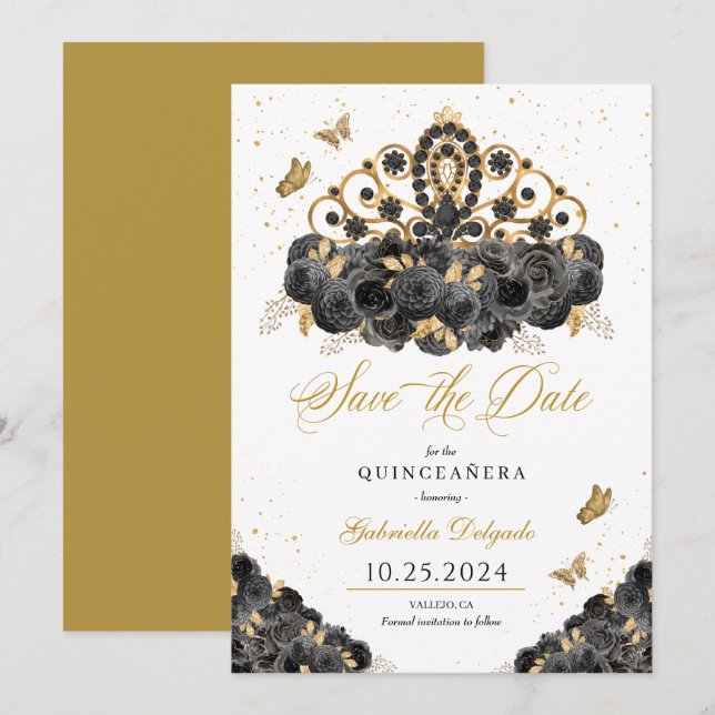 Black & Gold Tiara Save The Date Quinceañera Invitation (Front/Back)