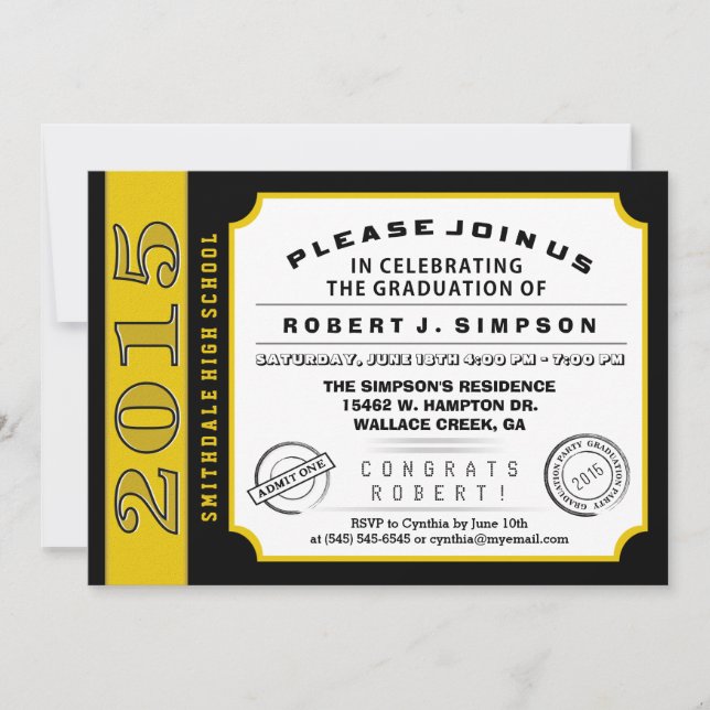 Black & Gold Ticket Graduation Invitation (Front)