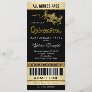 Black Gold Ticket Quinceanera Masquerade Party Invitation
