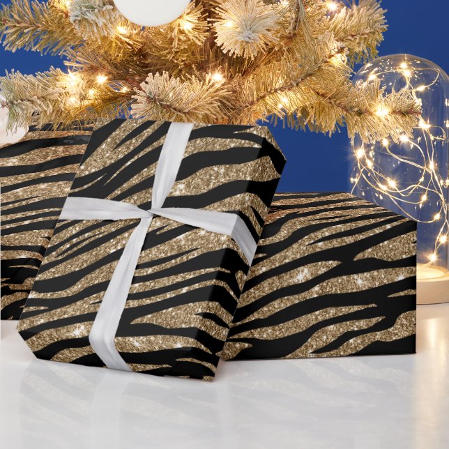 Black gold tiger stripe pattern party wrap wrapping paper (Holidays)