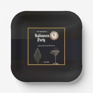 Black Gold Time For Boos and Booze Halloween Party Paper Plate