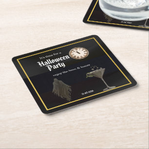 Black Gold Time For Boos and Booze Halloween Party Square Paper Coaster