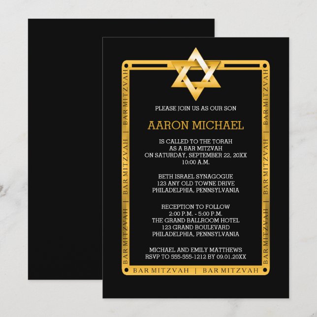Black | Gold Tone Star of David Bar Mitzvah Invitation (Front/Back)