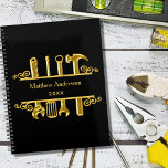 Black gold tools home repairs business 2025 planner<br><div class="desc">A black background,  with a faux gold tools. Personalise and add your name and a year.</div>