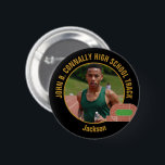 Black Gold Track Team Photo High School Runner 6 Cm Round Badge<br><div class="desc">This cool customized high school track team athlete photo gift features gold typography of your team on a black button with a running track. Personalize with your student's photograph and class year as a proud runner parent. A mom and dad can wear these buttons to sports games.</div>