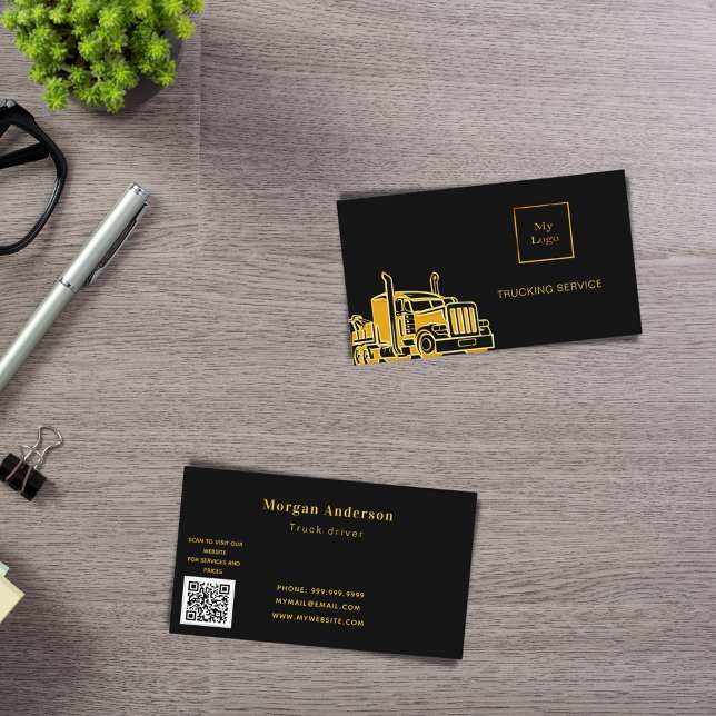 Black gold transport trucking service QR code Business Card (Creator Uploaded)