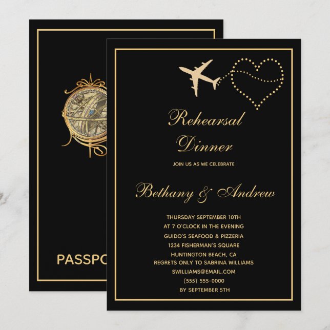 Black Gold Travel Wedding Rehearsal Dinner Invitation (Front/Back)