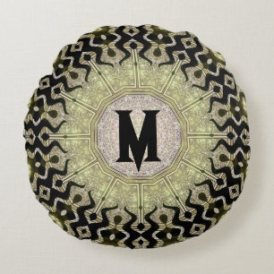 Black Gold Tribal Glam Custom Name Monogram Round Cushion