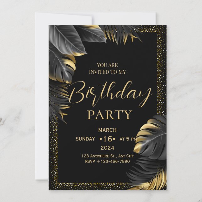Black Gold Tropical Birthday Invitation (Front)