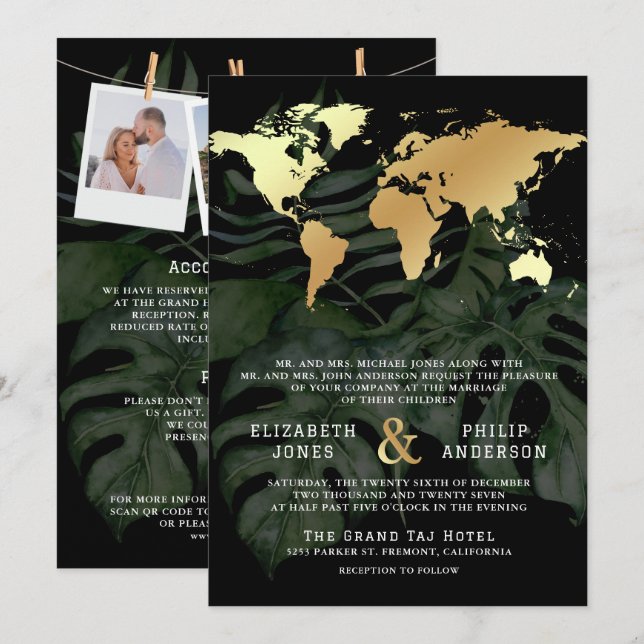 Black Gold Tropical Destination World Map Wedding Invitation (Front/Back)