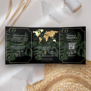 Black Gold Tropical Destination World Map Wedding Tri-Fold Invitation