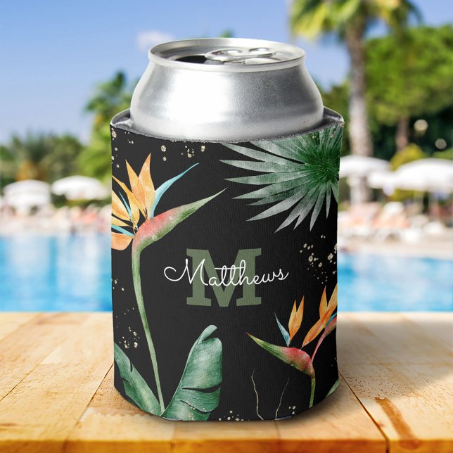 Black Gold Tropical Foliage Palm Monogram Script  Can Cooler (Creator Uploaded)