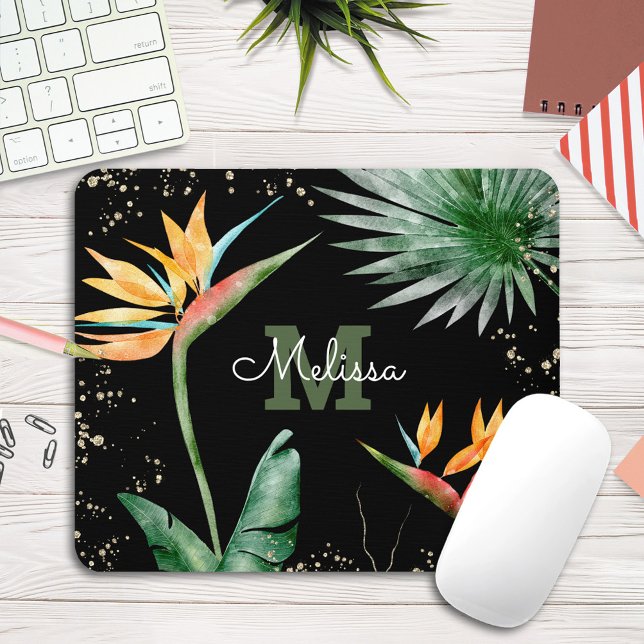Black Gold Tropical Foliage Palm Monogram Script Mouse Mat (Creator Uploaded)
