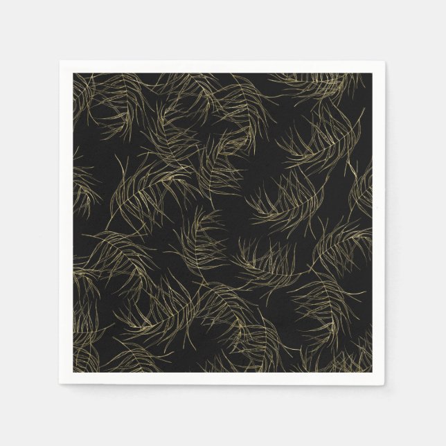 Black & Gold Tropical Glam Leaves Chic Wedding Napkin (Front)