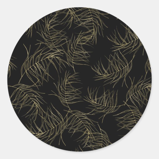 Black & Gold Tropical Glam Leaves Wedding Classic Round Sticker (Front)