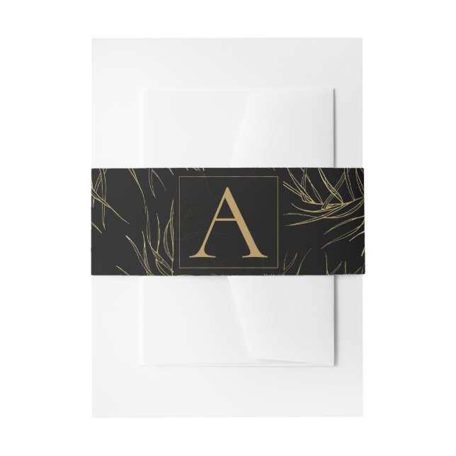 Black & Gold Tropical Glam Leaves Wedding Invitation Belly Band (Front Example)