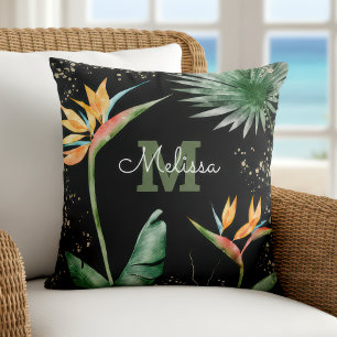 Black Gold Tropical Island Floral Monogram Script Cushion