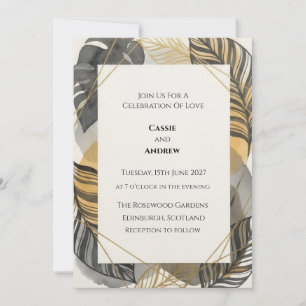 Black Gold Tropical Leaf Wedding Invitation