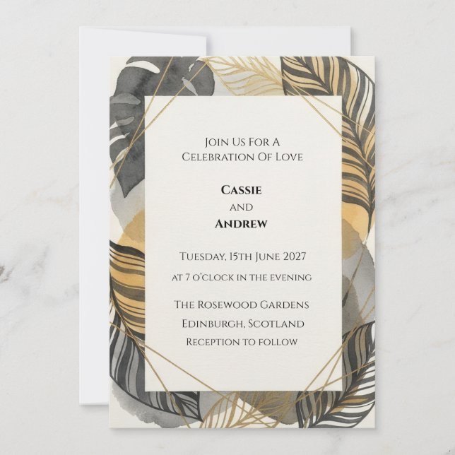 Black Gold Tropical Leaf Wedding Invitation (Front)