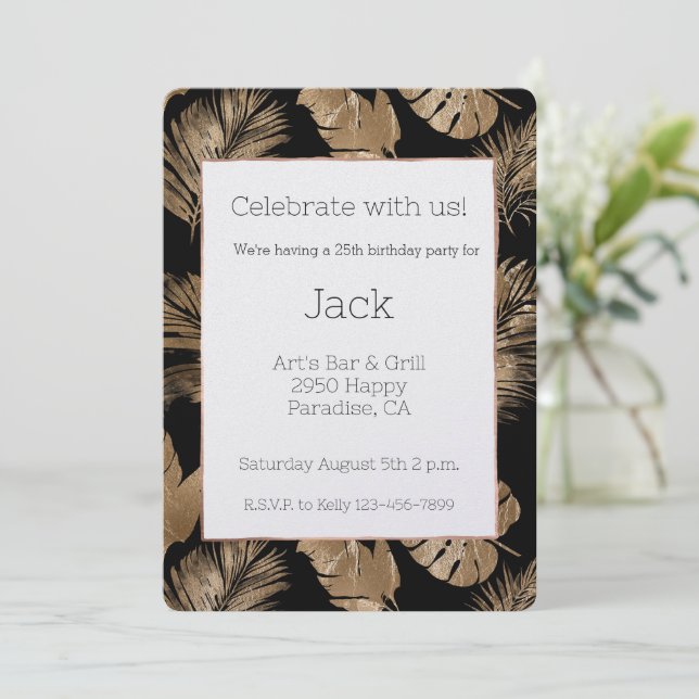Black Gold Tropical Leaves Birthday Invitation (Standing Front)