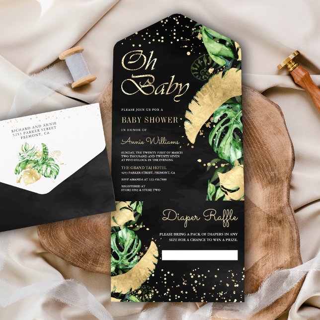 Black Gold Tropical Monstera Palm Baby Shower All In One Invitation (Creator Uploaded)