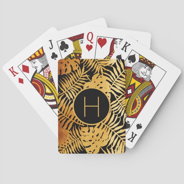 Black gold tropical palm tree leaves monogram playing cards (Back)