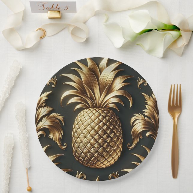 Black & Gold Tropical Pineapple Luxurious Wedding Paper Plate (Wedding)