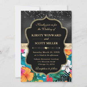 Black Gold Tropical Preppy Flowers Wedding Invitation