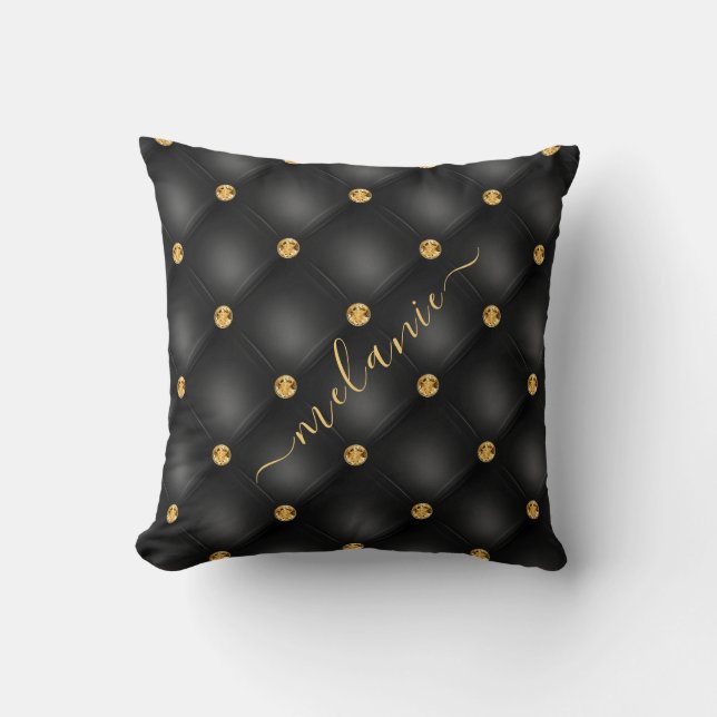 Black Gold Tufted Pillow with Custom Name (Front)