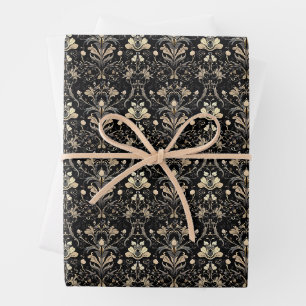 Black Gold Tulip Damask Seamless Pattern Wrapping Paper Sheet