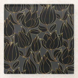 Black Gold Tulips: Luxury Floral Pattern Glass Coaster