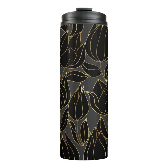 Black Gold Tulips: Luxury Floral Pattern Thermal Tumbler (Front)