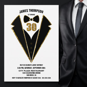 Black Gold Tuxedo 30th Birthday Party Invitation