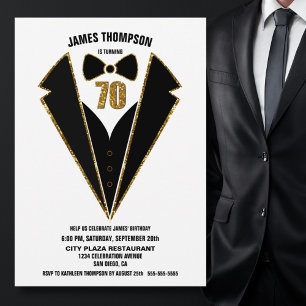 Black Gold Tuxedo 70th Birthday Party Invitation