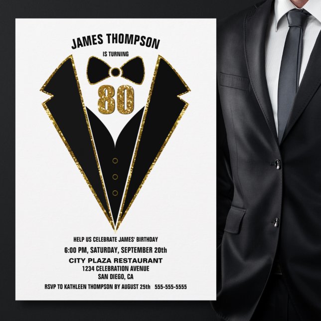 Black Gold Tuxedo 80th Birthday Party Invitation (Creator Uploaded)