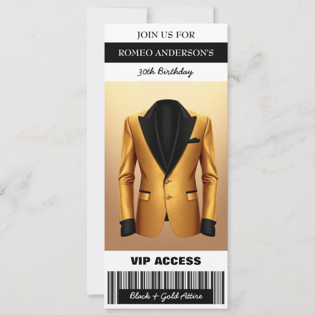 Black Gold Tuxedo Birthday Ticket Invitation (Front)