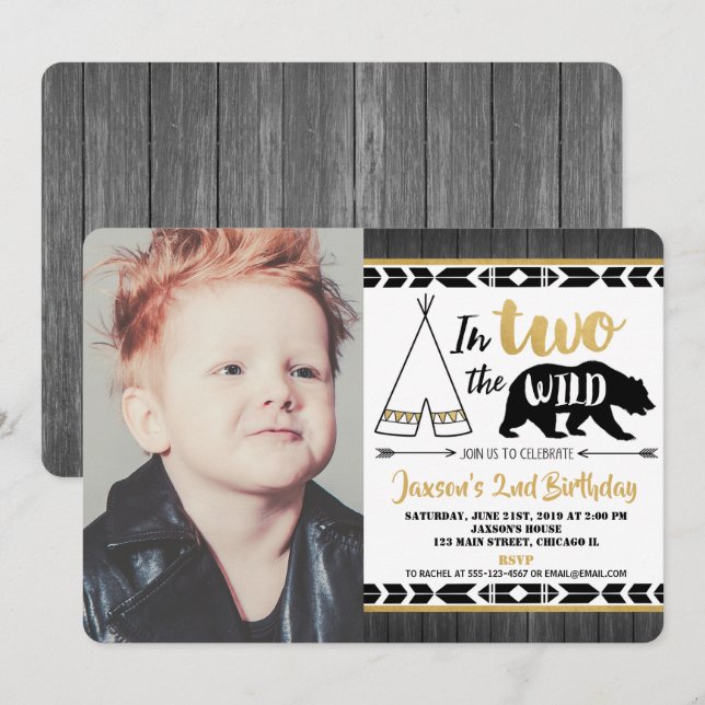 black gold two wild 2nd birthday invitation boy (Front/Back)