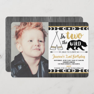 black gold two wild 2nd birthday invitation boy