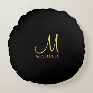 Black & Gold Typography Monogram Name Template Round Cushion