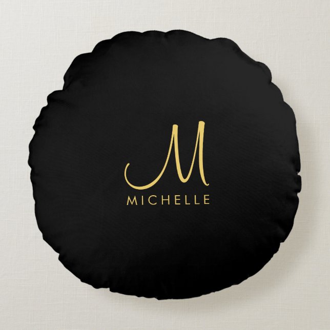 Black & Gold Typography Monogram Name Template Round Cushion (Front)