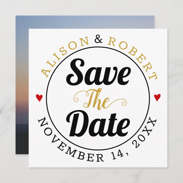 Black gold typography red hearts photo on the back save the date (Front/Back)