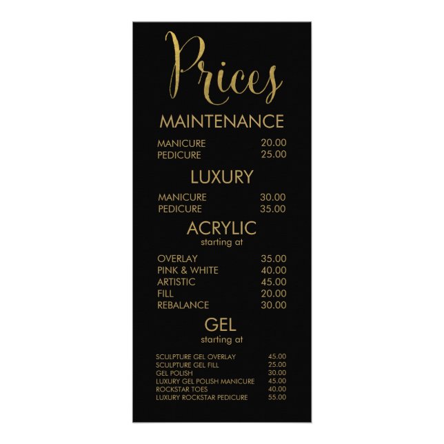 Black & Gold Typography Salon Menu Cards (Front)