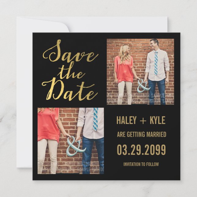 Black & Gold Typography Save the Date Photo Cards (Front)
